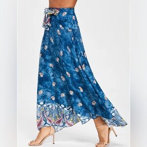 Meaneor Bohemian Tie Belt Asymmetrical Hem Maxi Long Skirt Paisley Blue size M